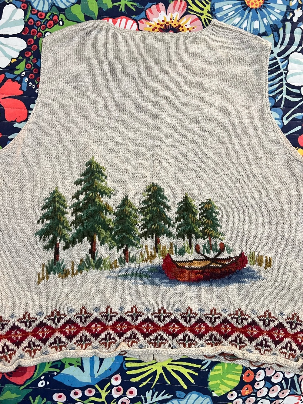 Northern Isles Vintage Canoe & Pine Trees Scene Zip-Front Fair Isle Sweater Vest